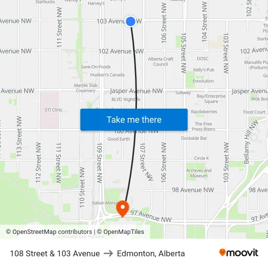 108 Street & 103 Avenue to Edmonton, Alberta map