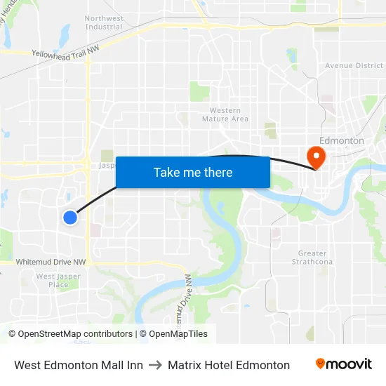 West Edmonton Mall Inn to Matrix Hotel Edmonton map