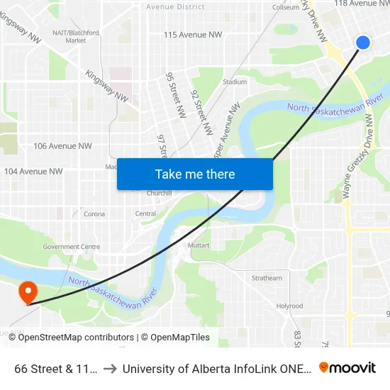 66 Street & 112 Avenue to University of Alberta InfoLink ONEcard Service Centre map