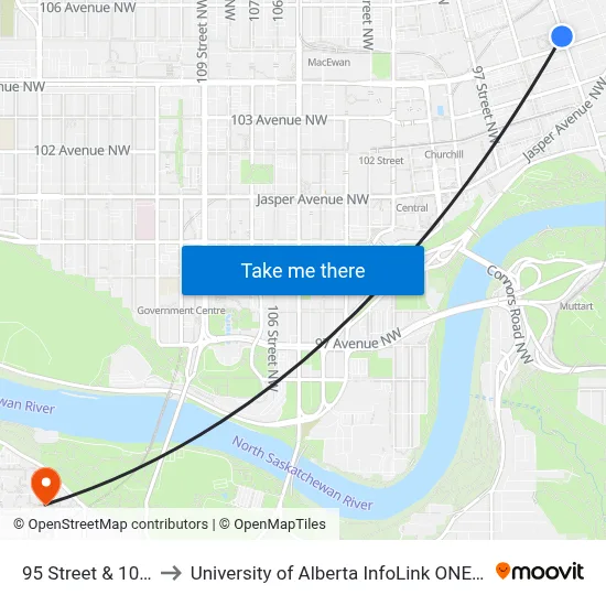95 Street & 104 Avenue to University of Alberta InfoLink ONEcard Service Centre map