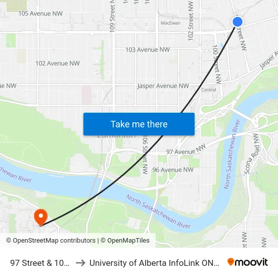 97 Street & 103a Avenue to University of Alberta InfoLink ONEcard Service Centre map