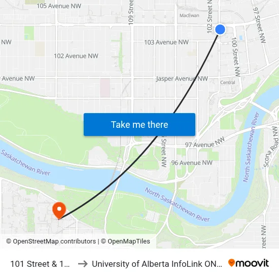 101 Street & 103a Avenue to University of Alberta InfoLink ONEcard Service Centre map
