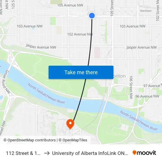 112 Street & 104 Avenue to University of Alberta InfoLink ONEcard Service Centre map