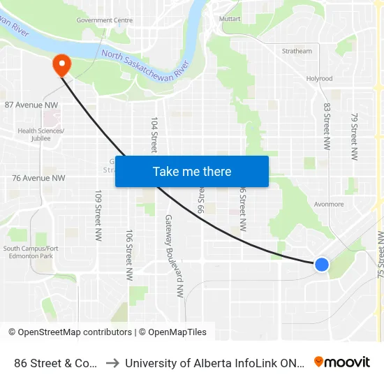 86 Street & Coronet Road to University of Alberta InfoLink ONEcard Service Centre map