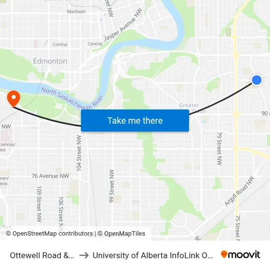 Ottewell Road & 94b Avenue to University of Alberta InfoLink ONEcard Service Centre map