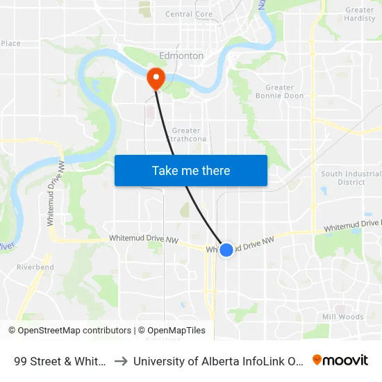 99 Street & Whitemud Drive E to University of Alberta InfoLink ONEcard Service Centre map