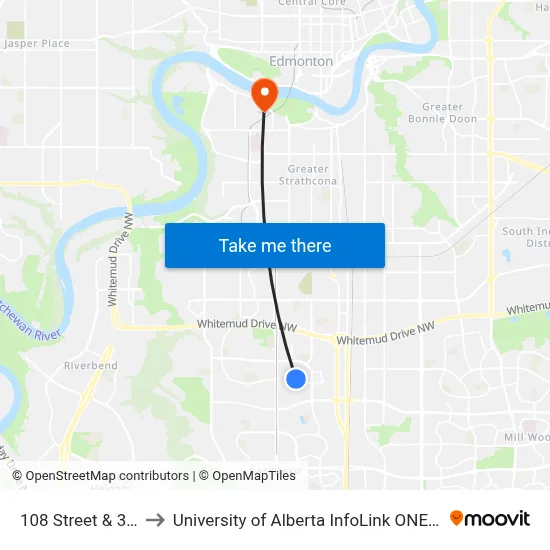 108 Street & 37 Avenue to University of Alberta InfoLink ONEcard Service Centre map