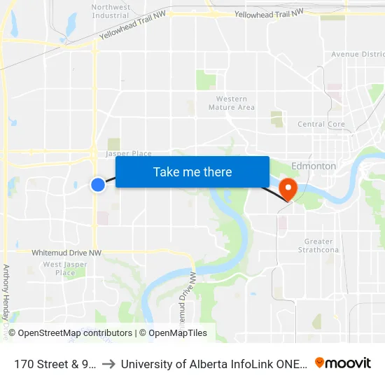 170 Street & 95 Avenue to University of Alberta InfoLink ONEcard Service Centre map