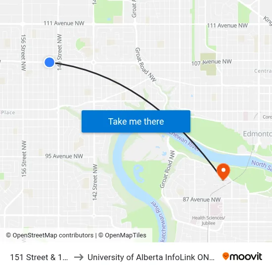 151 Street & 107 Avenue to University of Alberta InfoLink ONEcard Service Centre map