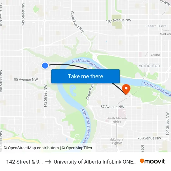 142 Street & 98 Avenue to University of Alberta InfoLink ONEcard Service Centre map