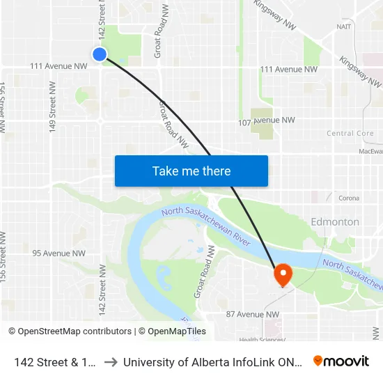142 Street & 112 Avenue to University of Alberta InfoLink ONEcard Service Centre map