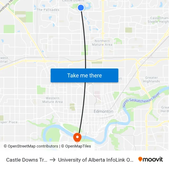 Castle Downs Transit Centre to University of Alberta InfoLink ONEcard Service Centre map