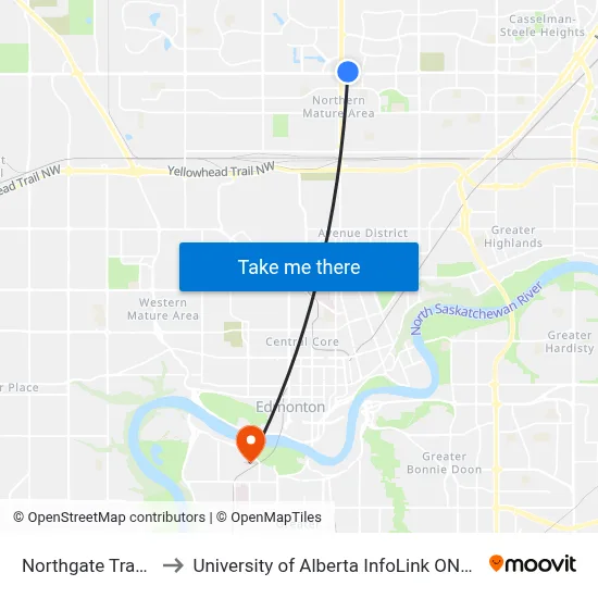 Northgate Transit Centre to University of Alberta InfoLink ONEcard Service Centre map