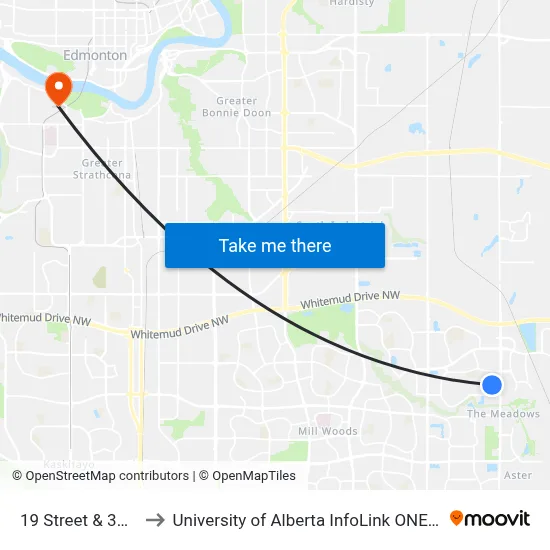 19 Street & 35a Avenue to University of Alberta InfoLink ONEcard Service Centre map