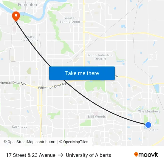 17 Street & 23 Avenue to University of Alberta map