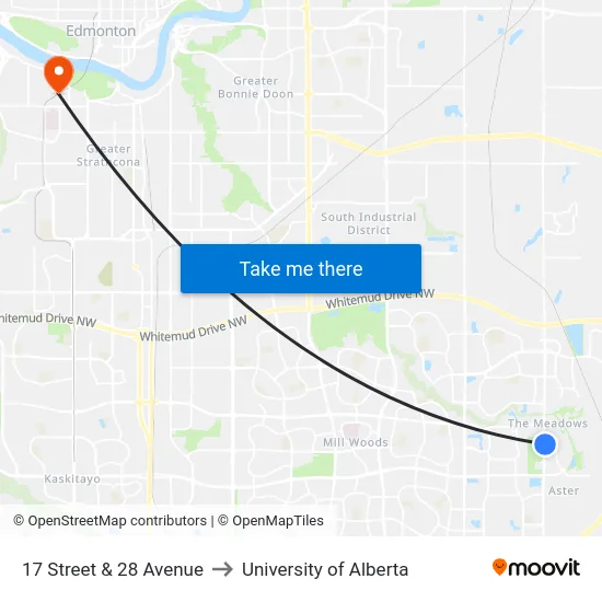 17 Street & 28 Avenue to University of Alberta map