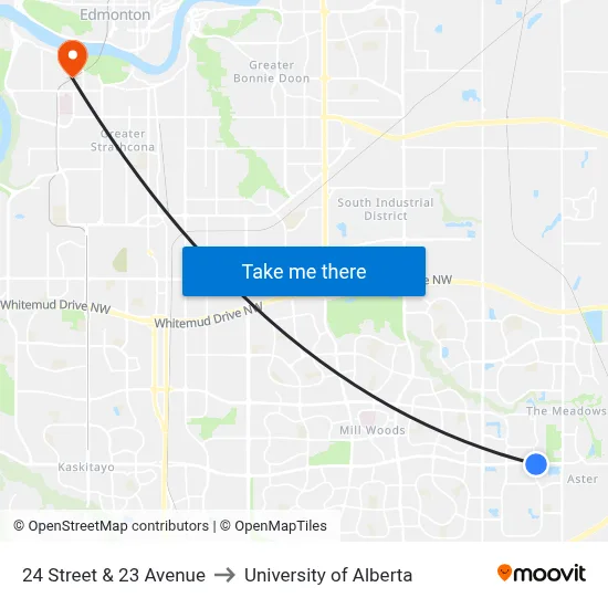 24 Street & 23 Avenue to University of Alberta map