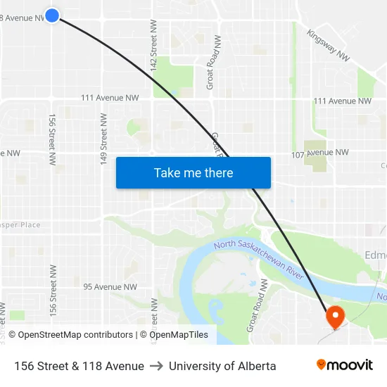 156 Street & 118 Avenue to University of Alberta map
