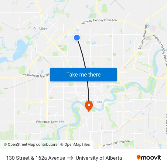 130 Street & 162a Avenue to University of Alberta map