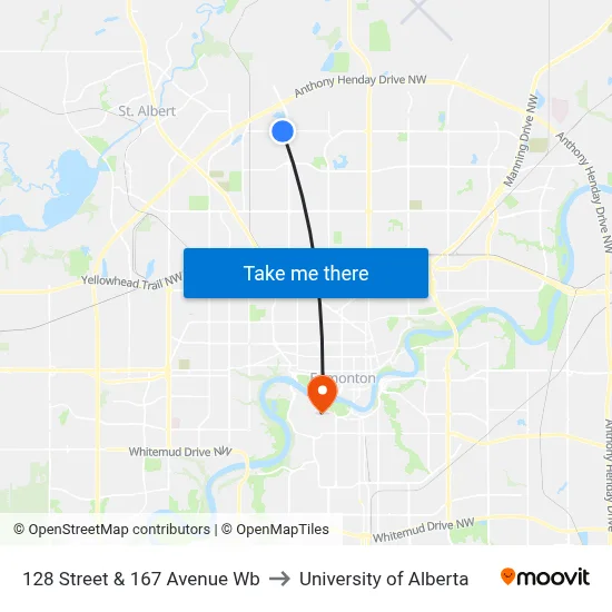 128 Street & 167 Avenue Wb to University of Alberta map