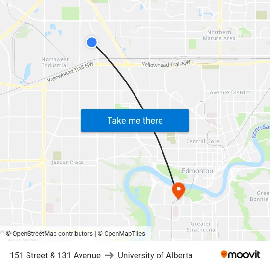 151 Street & 131 Avenue to University of Alberta map