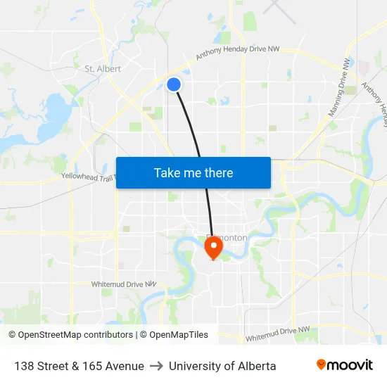 138 Street & 165 Avenue to University of Alberta map