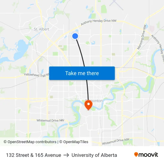 132 Street & 165 Avenue to University of Alberta map
