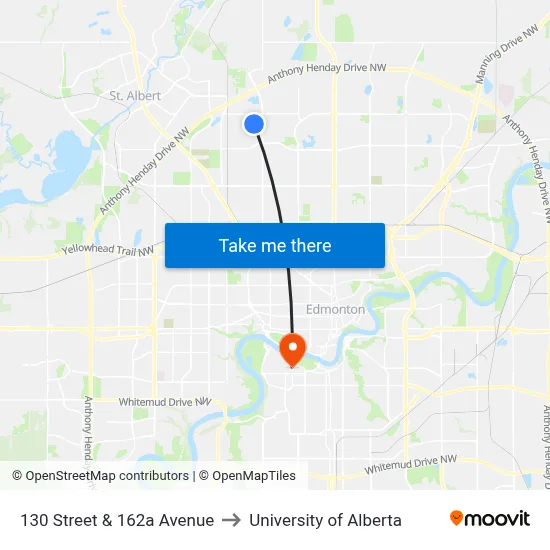 130 Street & 162a Avenue to University of Alberta map