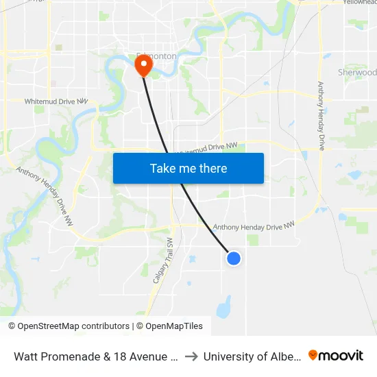 Watt Promenade & 18 Avenue SW to University of Alberta map