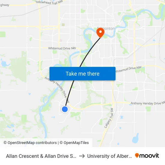 Allan Crescent & Allan Drive SW to University of Alberta map