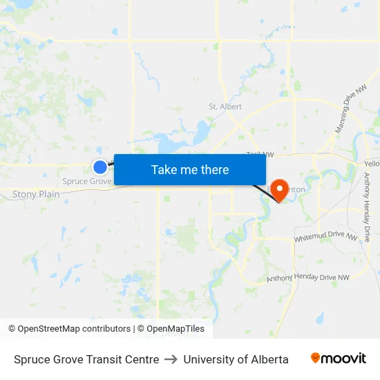 Spruce Grove Transit Centre to University of Alberta map