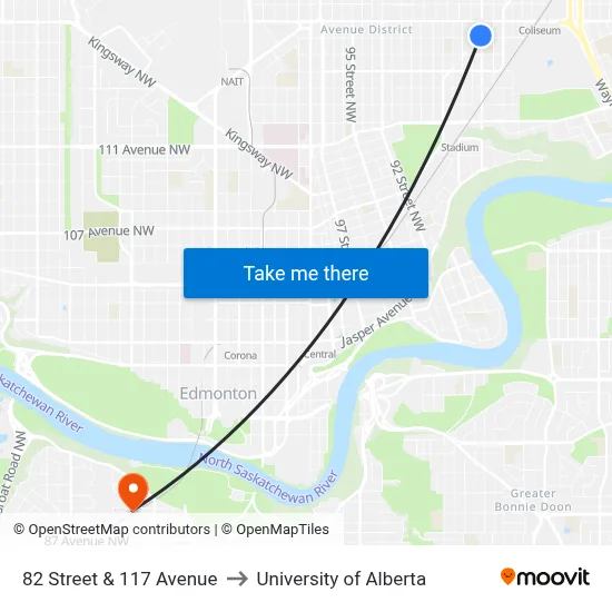 82 Street & 117 Avenue to University of Alberta map