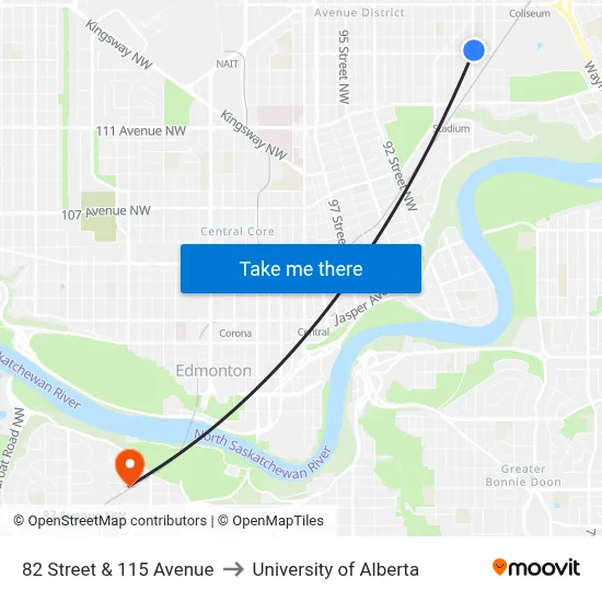 82 Street & 115 Avenue to University of Alberta map
