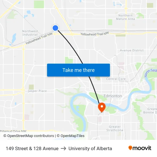 149 Street & 128 Avenue to University of Alberta map