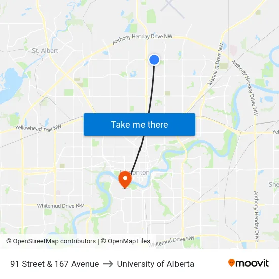 91 Street & 167 Avenue to University of Alberta map