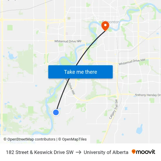 182 Street & Keswick Drive SW to University of Alberta map