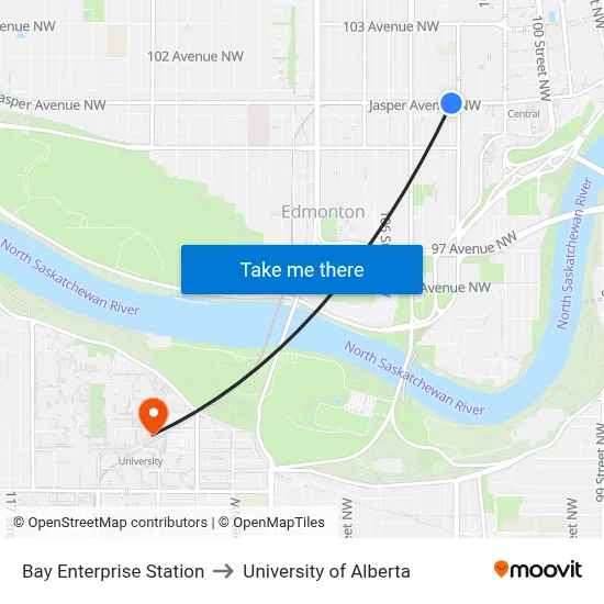 Bay Enterprise Station to University of Alberta map