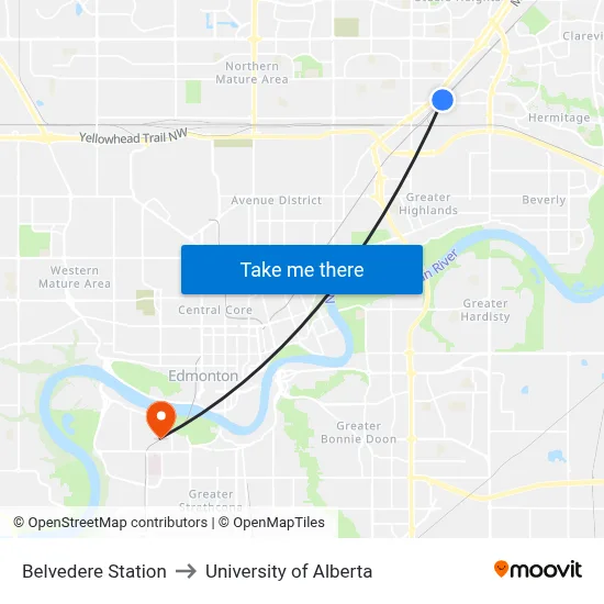 Belvedere Station to University of Alberta map