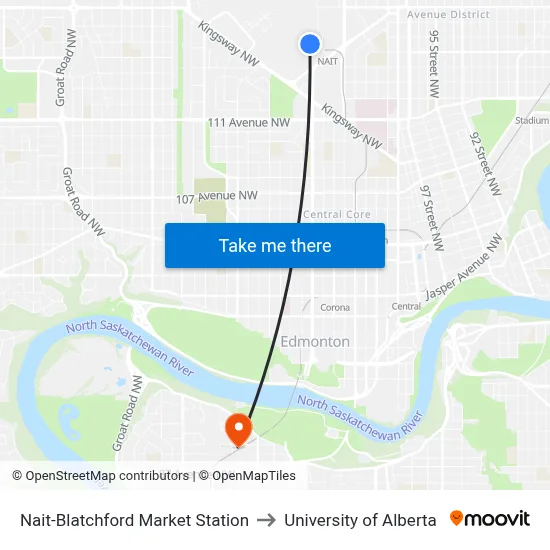 Nait-Blatchford Market Station to University of Alberta map