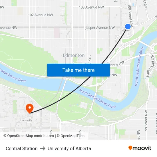 Central Station to University of Alberta map