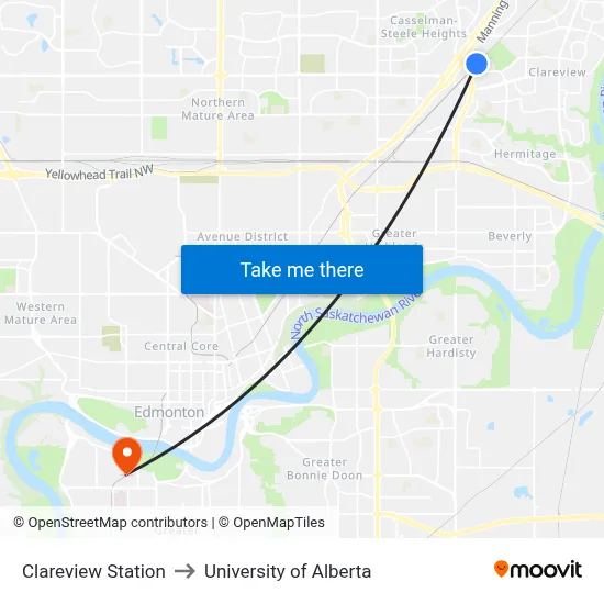 Clareview Station to University of Alberta map