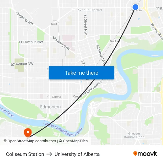 Coliseum Station to University of Alberta map