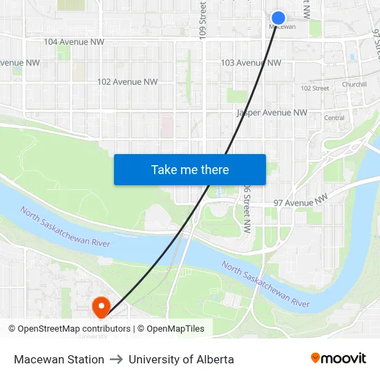 Macewan Station to University of Alberta map