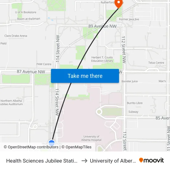 Health Sciences Jubilee Station to University of Alberta map