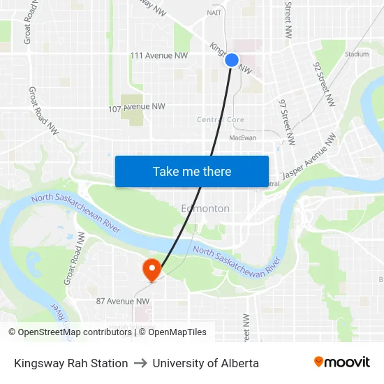 Kingsway Rah Station to University of Alberta map
