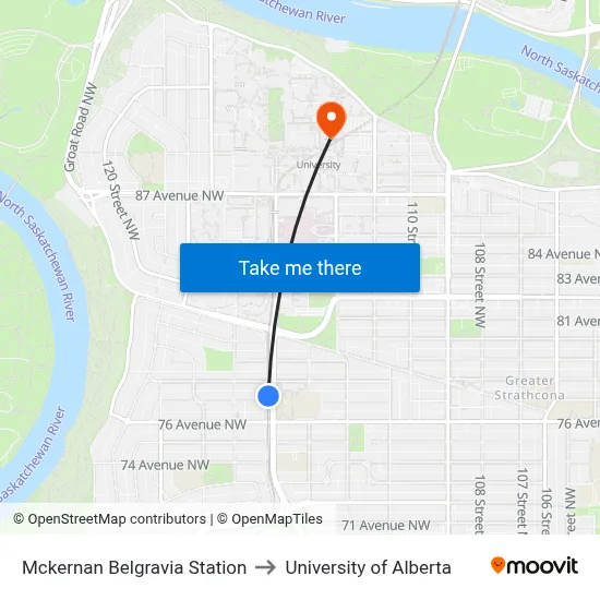 Mckernan Belgravia Station to University of Alberta map