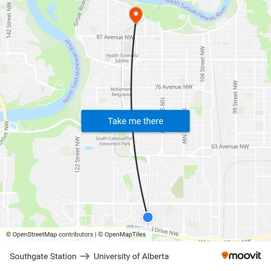 Southgate Station to University of Alberta map