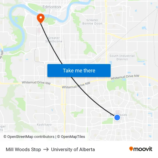 Mill Woods Stop to University of Alberta map