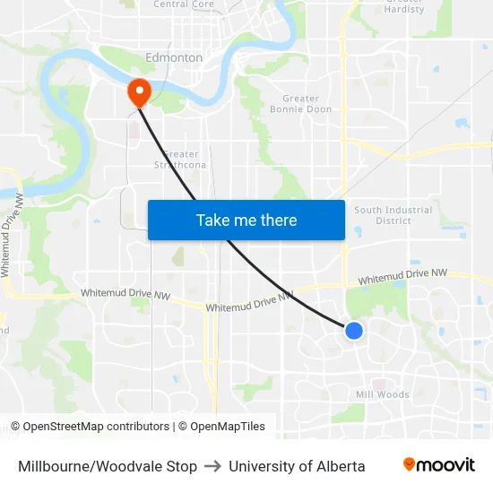 Millbourne/Woodvale Stop to University of Alberta map