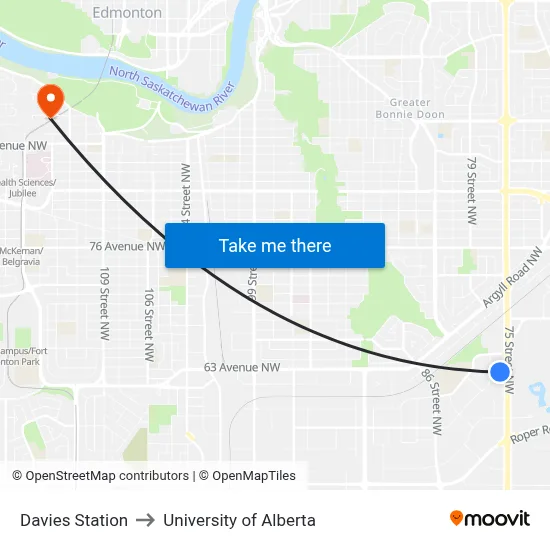 Davies Station to University of Alberta map
